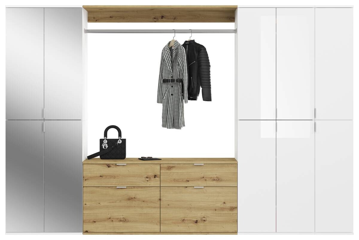 Garderobe PROJEKT Eiche Artisan Nachbildung weiß Hochglanz Spiegel B/H/T: ca. 273x193x34 cm