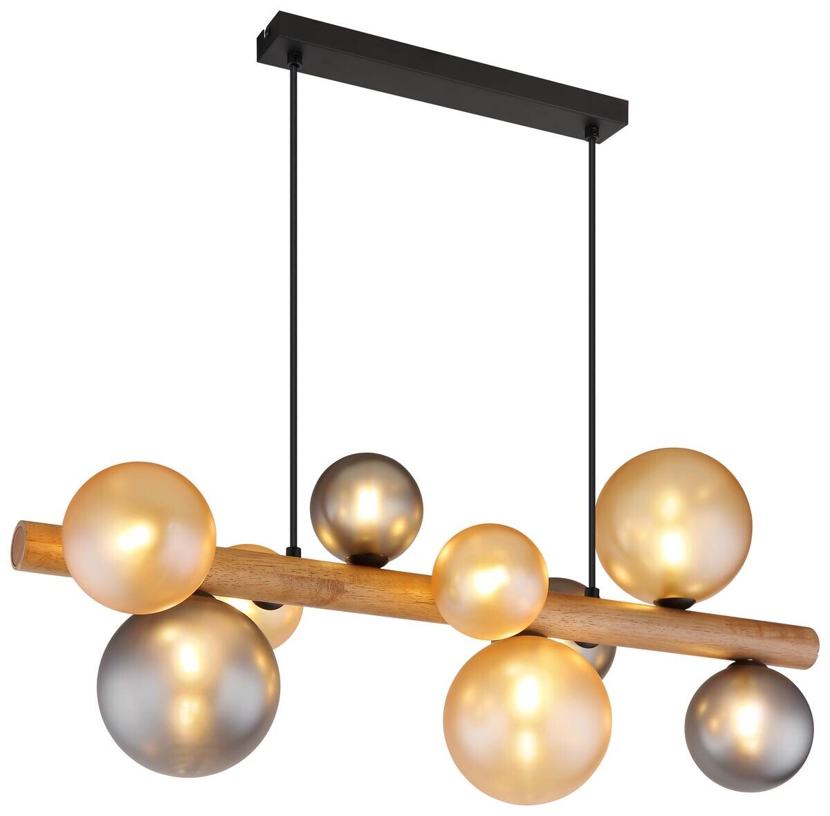 GLOBO LED-Hängeleuchte dunkelbraun amber Rauch Holz Metall Glas B/H/L: ca. 29x150x78 cm 9 Brennstellen