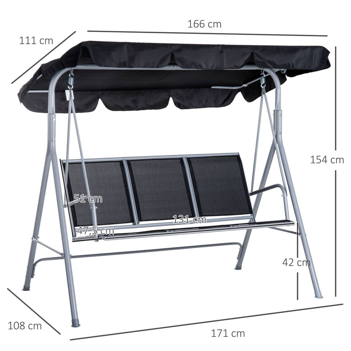 Outsunny Hollywoodschaukel schwarz Metall B/H/L: ca. 110x153x170 cm
