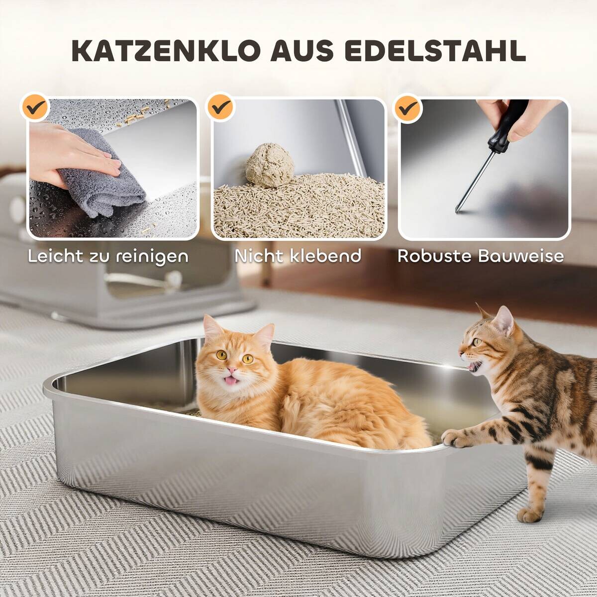 PawHut Katzenklo grau Edelstahl B/H/L: ca. 50x46,5x70 cm