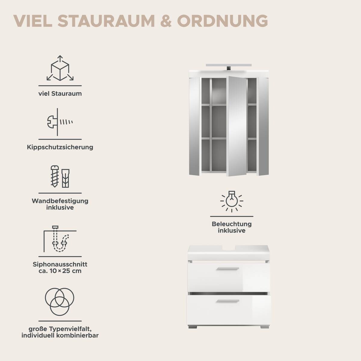 Badezimmer-Set Scout weiß weiß Hochglanz B/H/T: ca. 60x191x37 cm