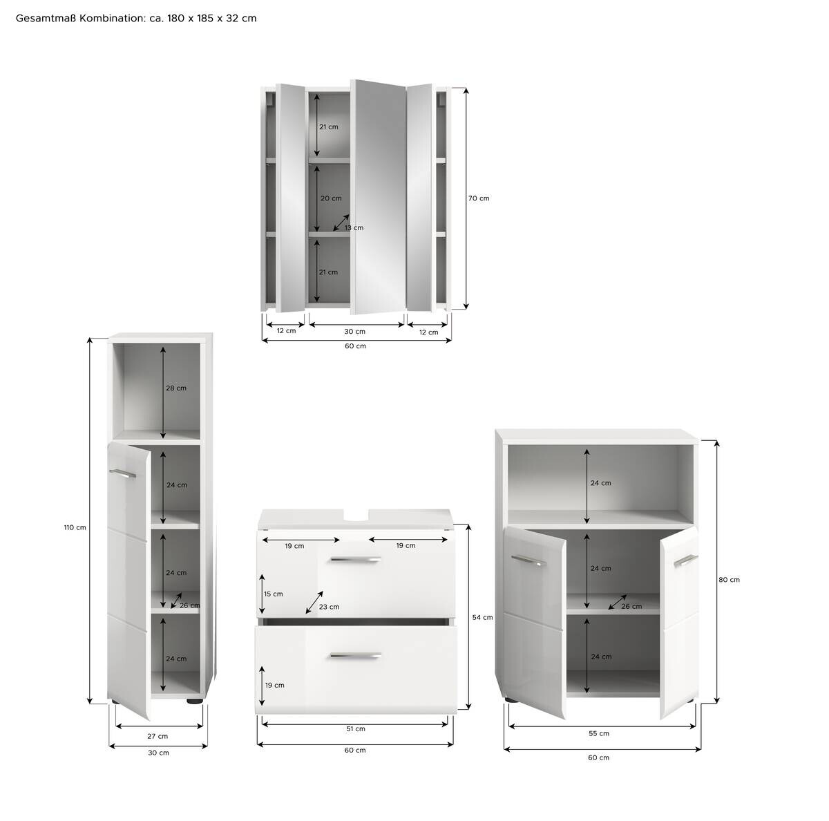 Badezimmer-Set ICE weiß weiß Hochglanz B/H/T: ca. 180x190x32 cm