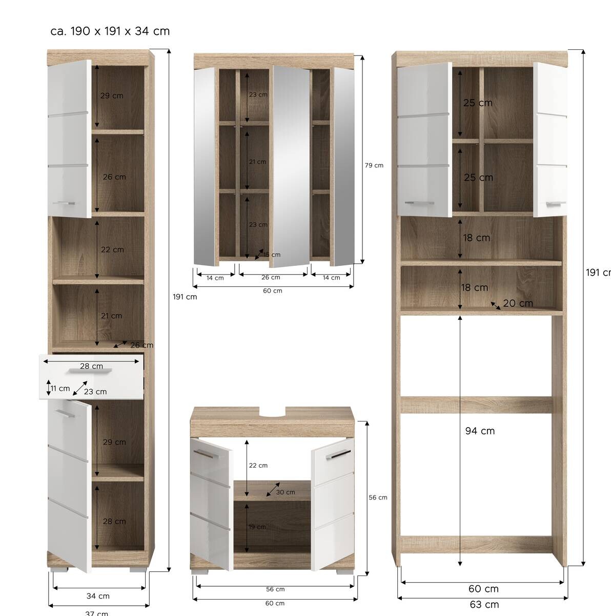 Badezimmer-Set Lambada Eiche Sonoma Nachbildung weiß Hochglanz B/H/T: ca. 190x191x34 cm