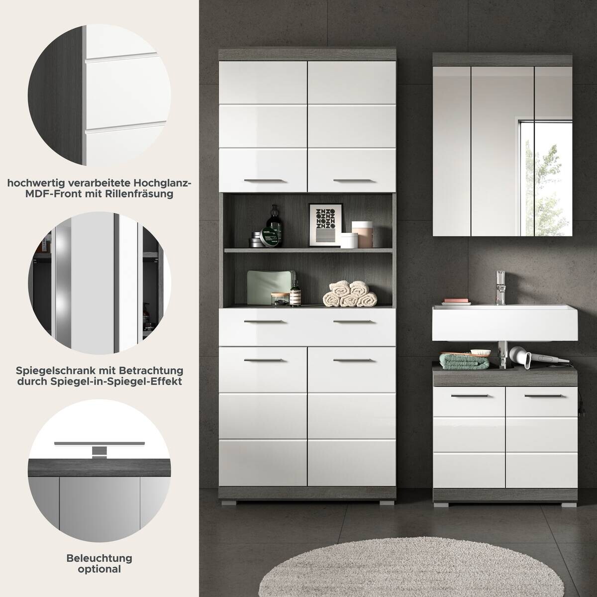 Badezimmer-Set Scout Rauchsilber Nachbildung weiß Hochglanz B/H/T: ca. 149x34x191 cm