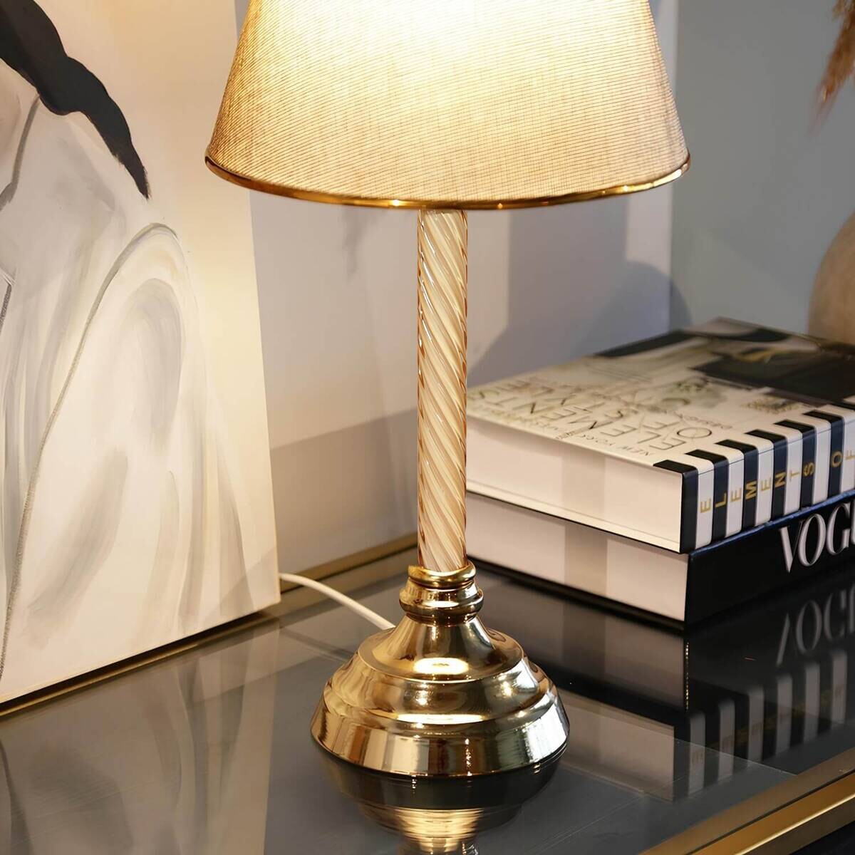 Opviq Tischleuchte gold beige Stoff Kunststoff B/H/L: ca. 22x45x22 cm E27 1 Brennstellen