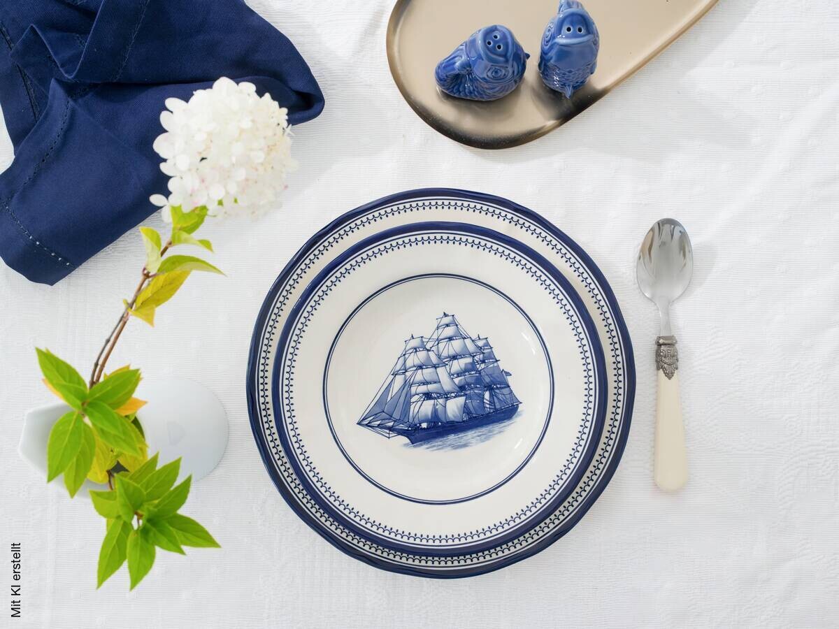 CreaTable Tafelservice Segelschiff blau Steingut 12 tlg.