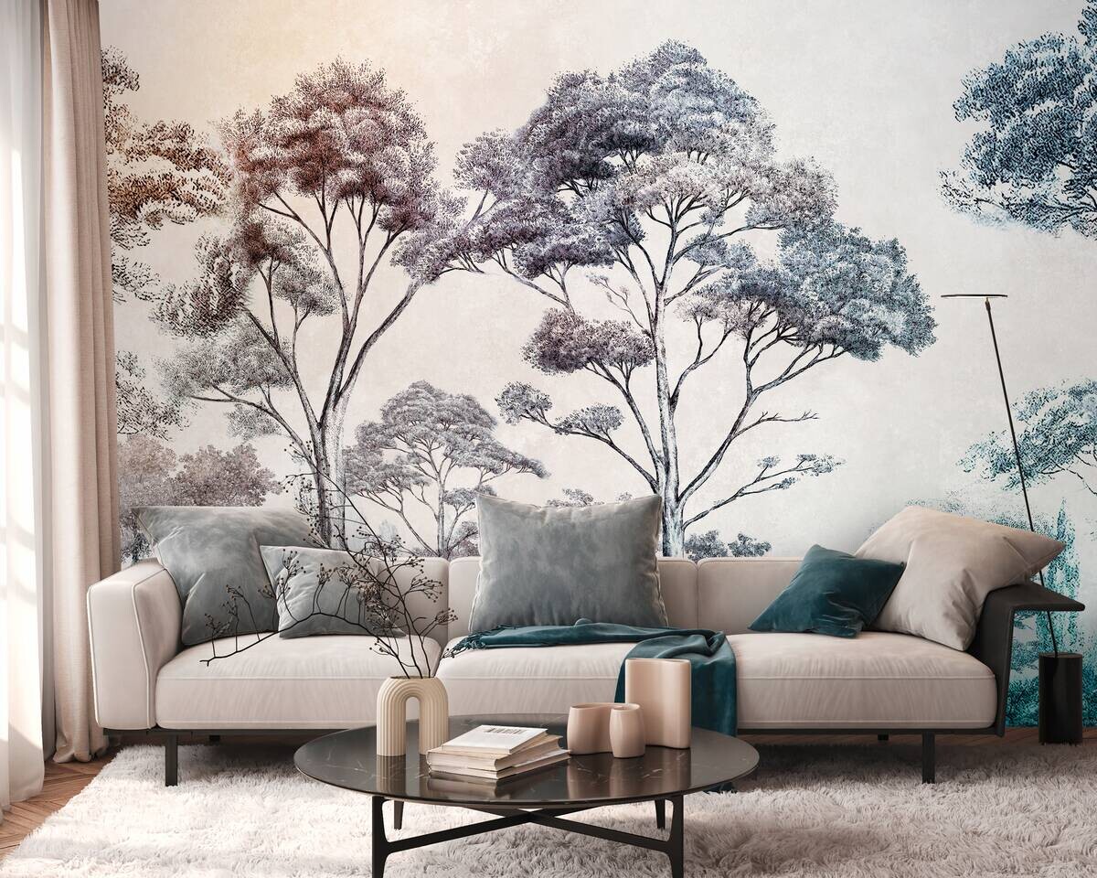 Livingwalls Fototapete Bäume blau bunt creme B/L: ca. 280x371 cm
