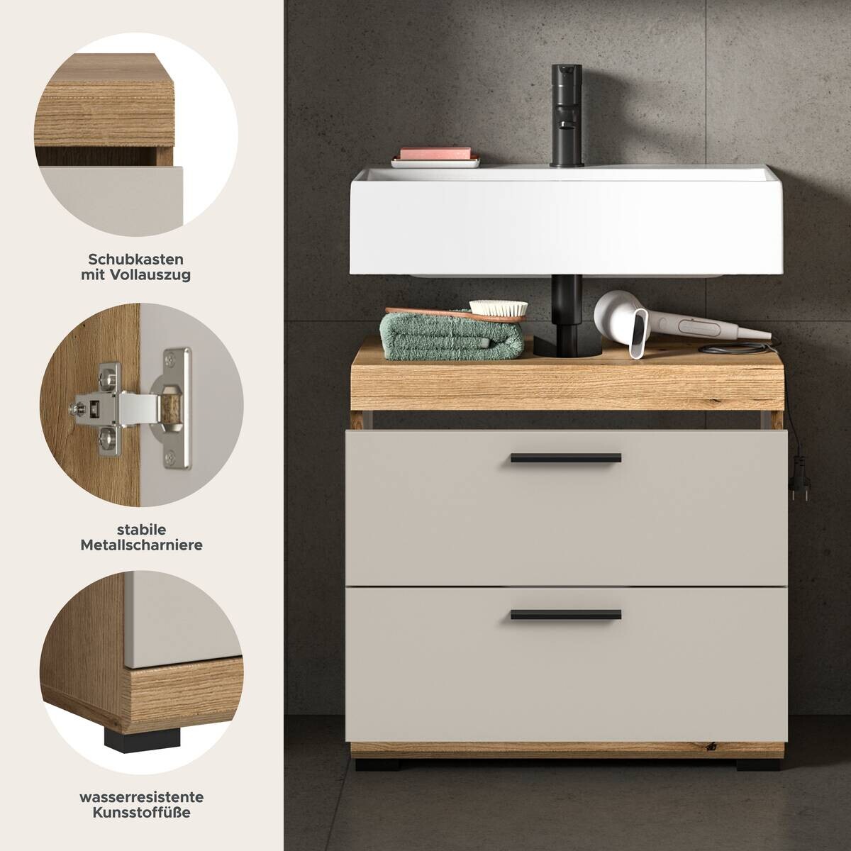 Waschbeckenunterschrank Scout Evoke Oak Nachbildung Kaschmirgrau Nachbildung B/H/T: ca. 60x56x34 cm