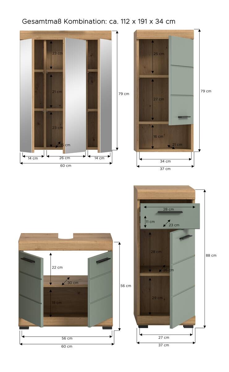 Badezimmer-Set Scout Eiche Artisan Nachbildung salbei Nachbildung B/H/T: ca. 112x191x34 cm