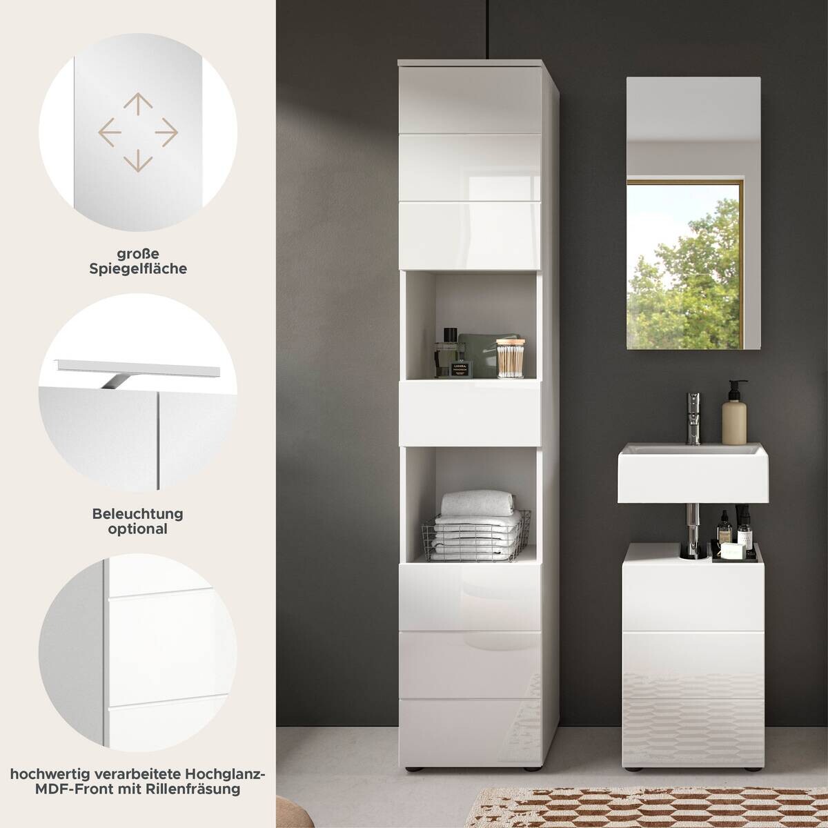 Badezimmer-Set VIRA weiß weiß Hochglanz B/H/T: ca. 91x190x34 cm