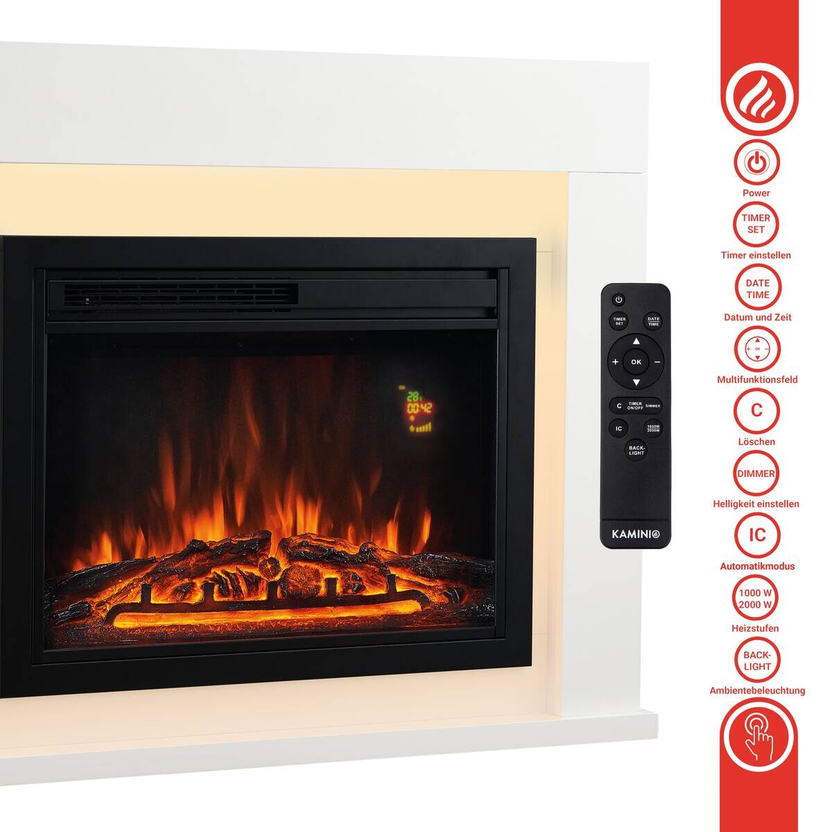 KAMINIO Elektrischer-Kamin MATTI weiß MDF Metall Glas B/H/T: ca. 95x77x26 cm ca. 2000 W