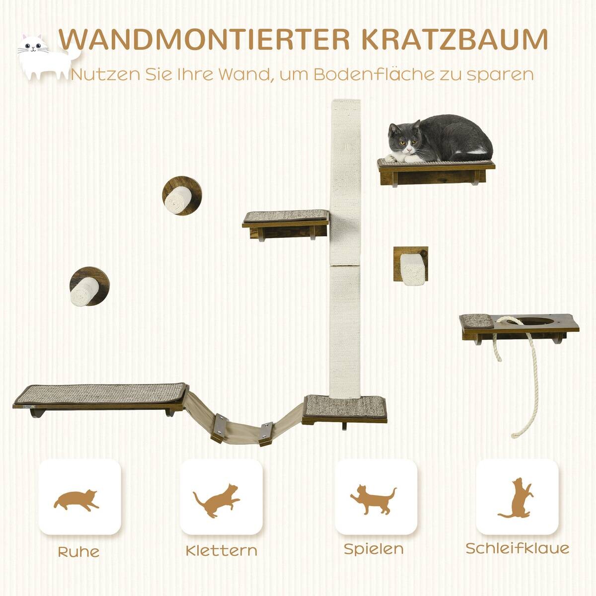 PawHut Katzenregal-Set braun Sisal B/H/L: ca. 29x8,5x136 cm