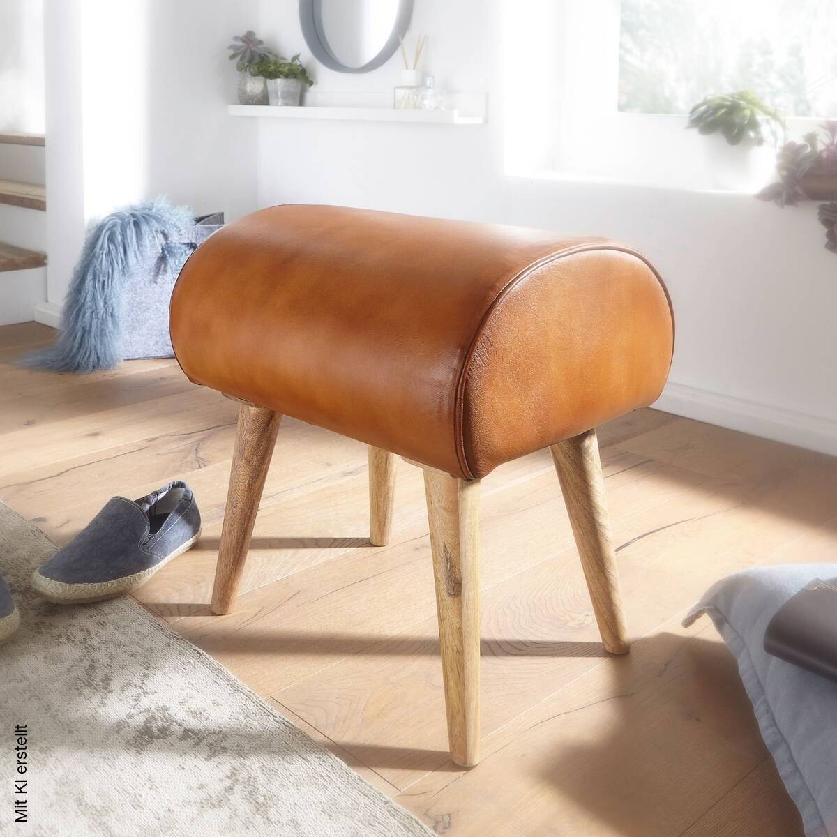 Wohnling Sitzhocker braun natur Leder Echtholz B/H/T: ca. 45x53x40 cm