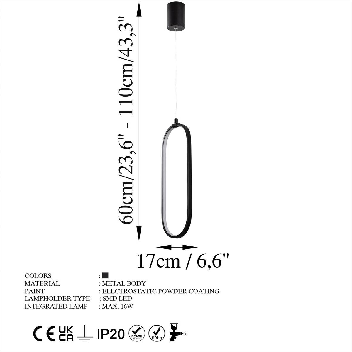 Opviq LED-Pendelleuchte schwarz B/H/T: ca. 17x110x10 cm