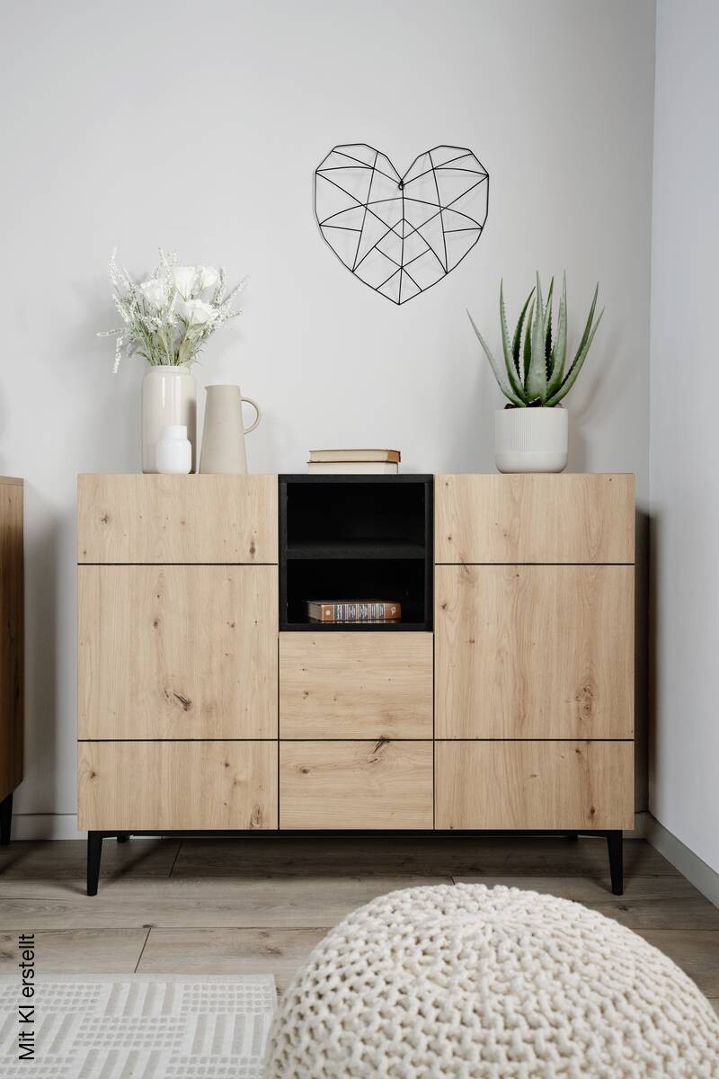 Kommode Nola Eiche Artisan Nachbildung schwarz B/H/T: ca. 120x90x42 cm