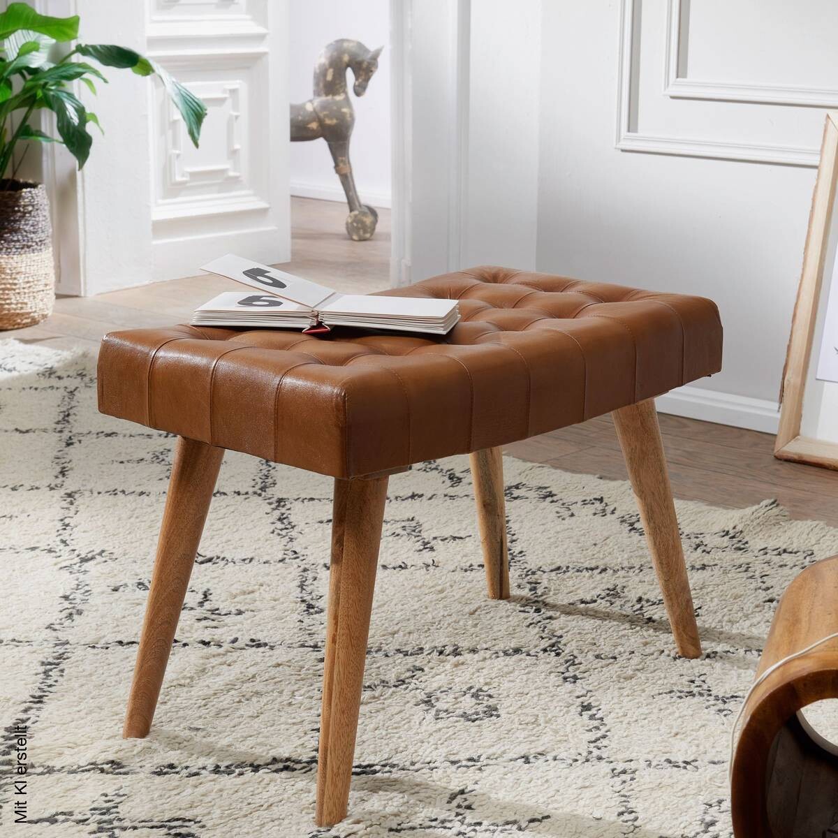 Wohnling Sitzhocker braun natur Leder Echtholz B/H/T: ca. 67x47x39 cm