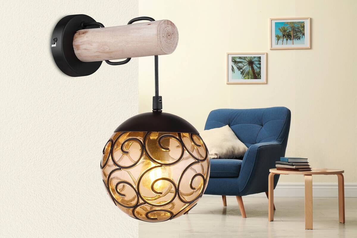 GLOBO Wandleuchte amber schwarz Metall Kunststoff B/H: ca. 15x36 cm E27 1 Brennstellen