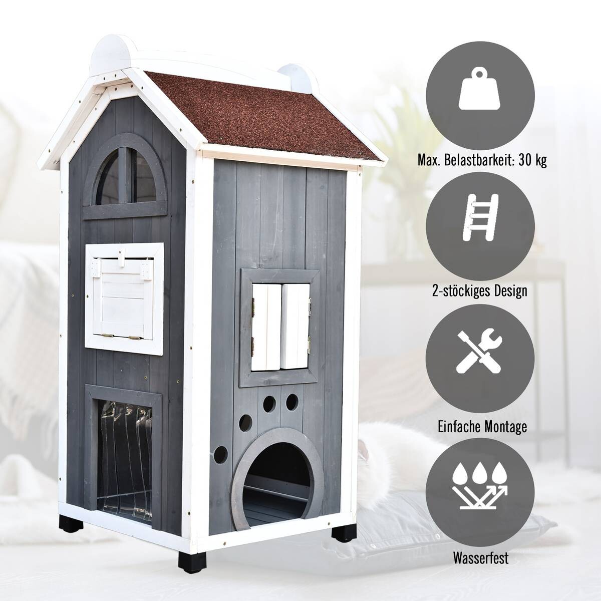 PawHut Katzenvilla grau Holz B/H/L: ca. 55x109x59 cm