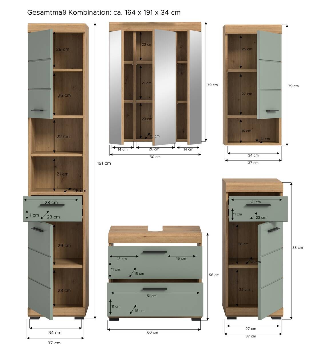 Badezimmer-Set Scout Eiche Artisan Nachbildung salbei Nachbildung B/H/T: ca. 164x191x37 cm