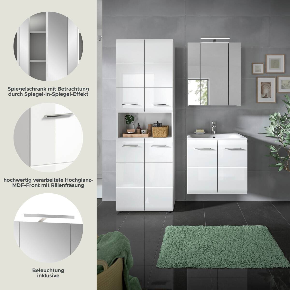 Badezimmer-Set Ice weiß weiß Hochglanz B/H/T: ca. 135x185x46 cm