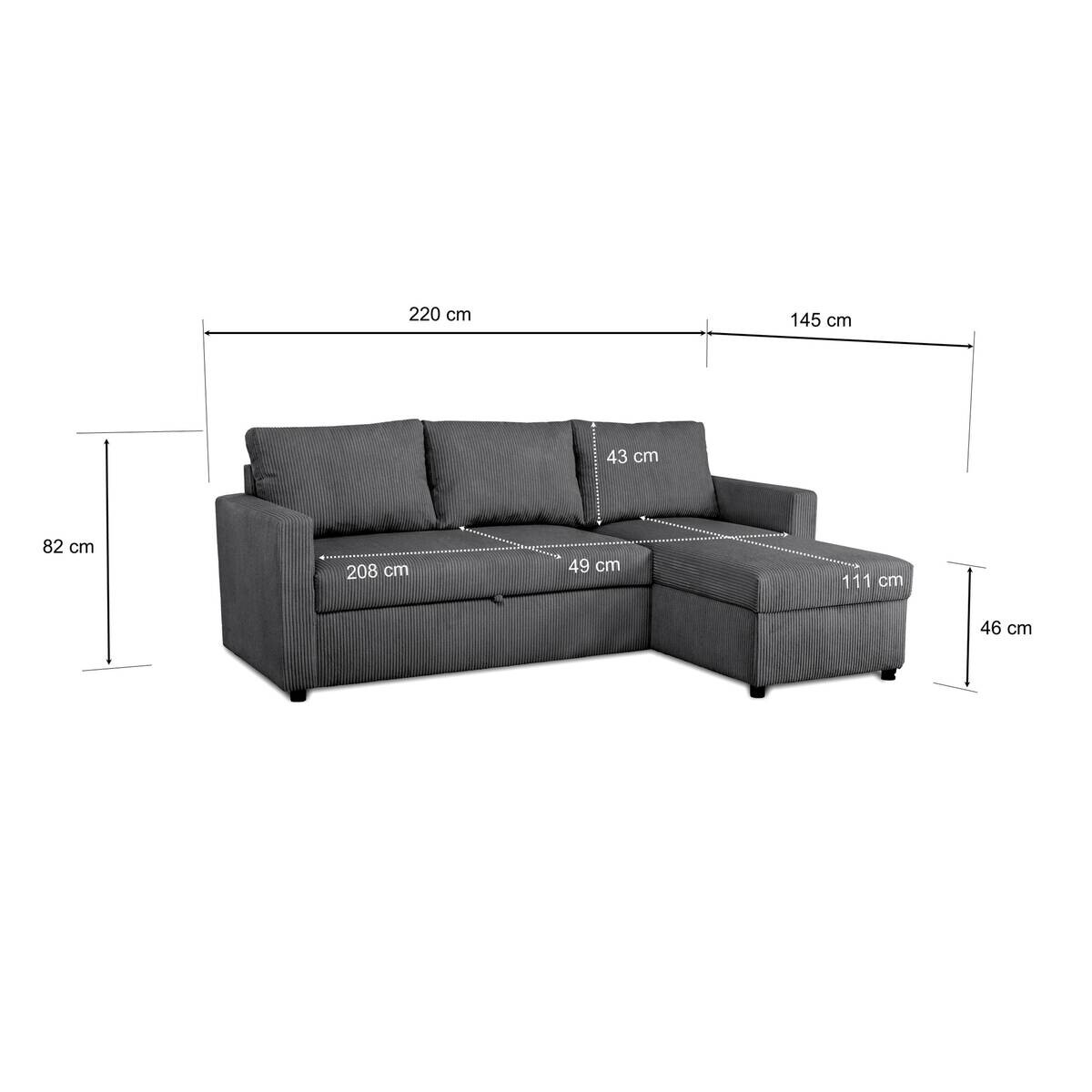 Ecksofa mit Bettfunktion und Bettkasten anthrazit Microfaser B/H/T: ca. 215x145x82 cm