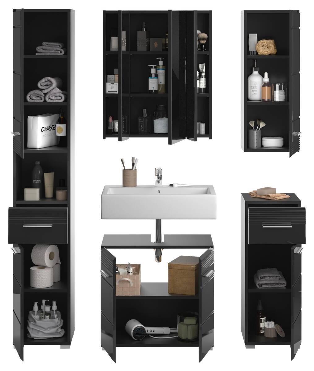 Badezimmer-Set LINUS schwarz schwarz Hochglanz B/H/T: ca. 150x182x34 cm
