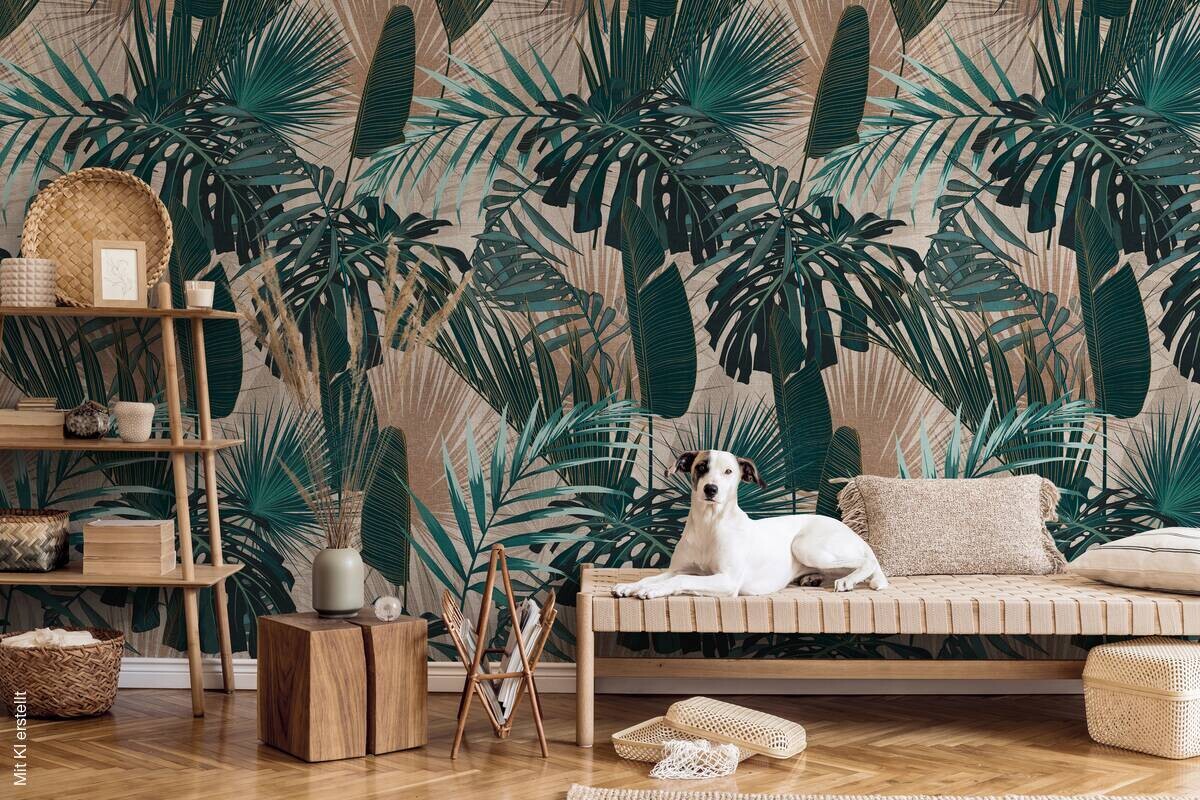 Livingwalls Fototapete Dschungel grün beige petrol B/L: ca. 280x159 cm