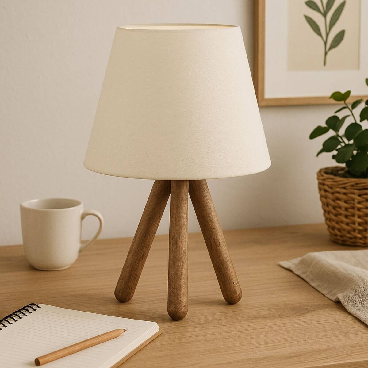 Opviq Tischleuchte weiß nussbaum Buche PVC B/H/L: ca. 22x33x22 cm E27 1 Brennstellen