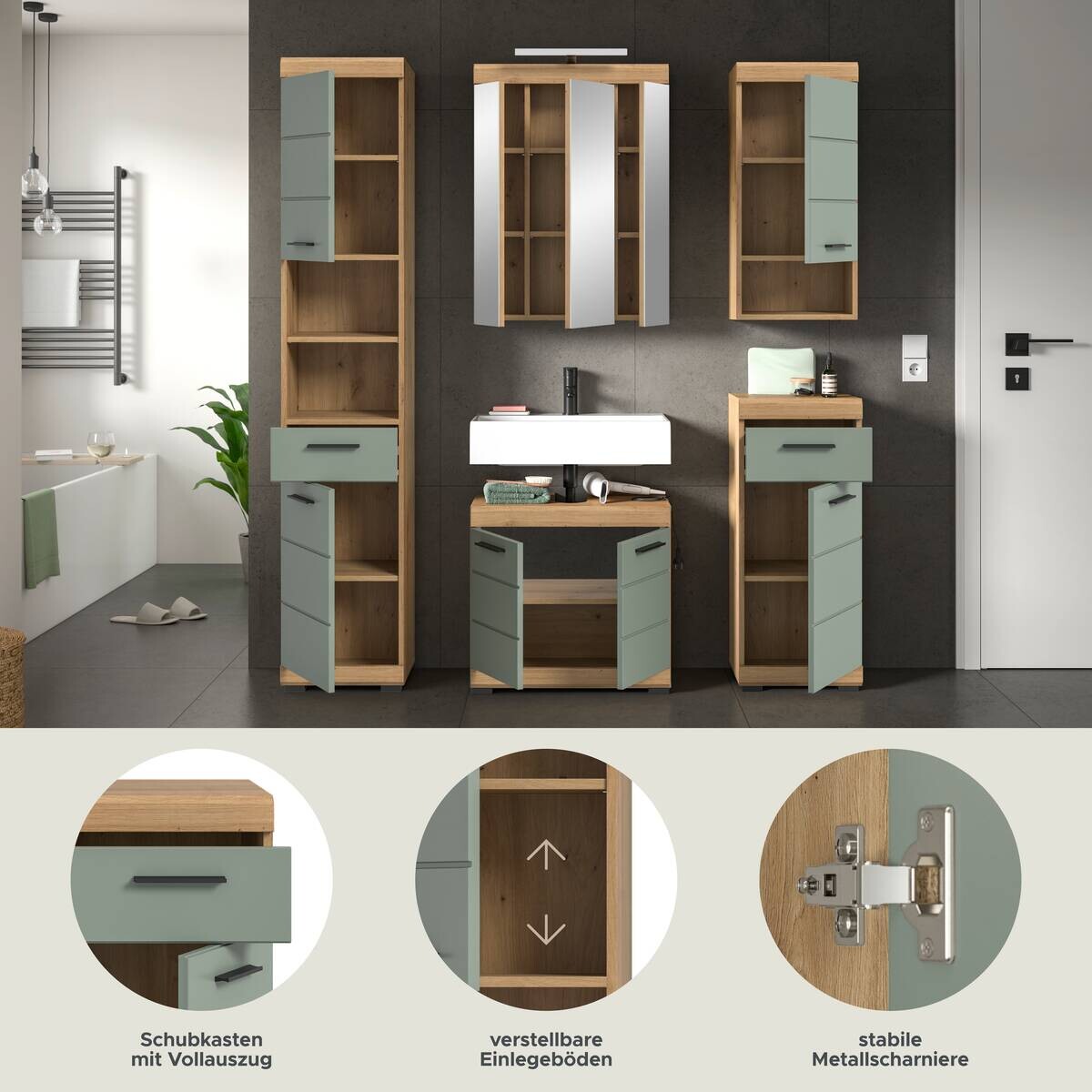 Badezimmer-Set Scout Eiche Artisan Nachbildung salbei Nachbildung B/H/T: ca. 164x191x34 cm