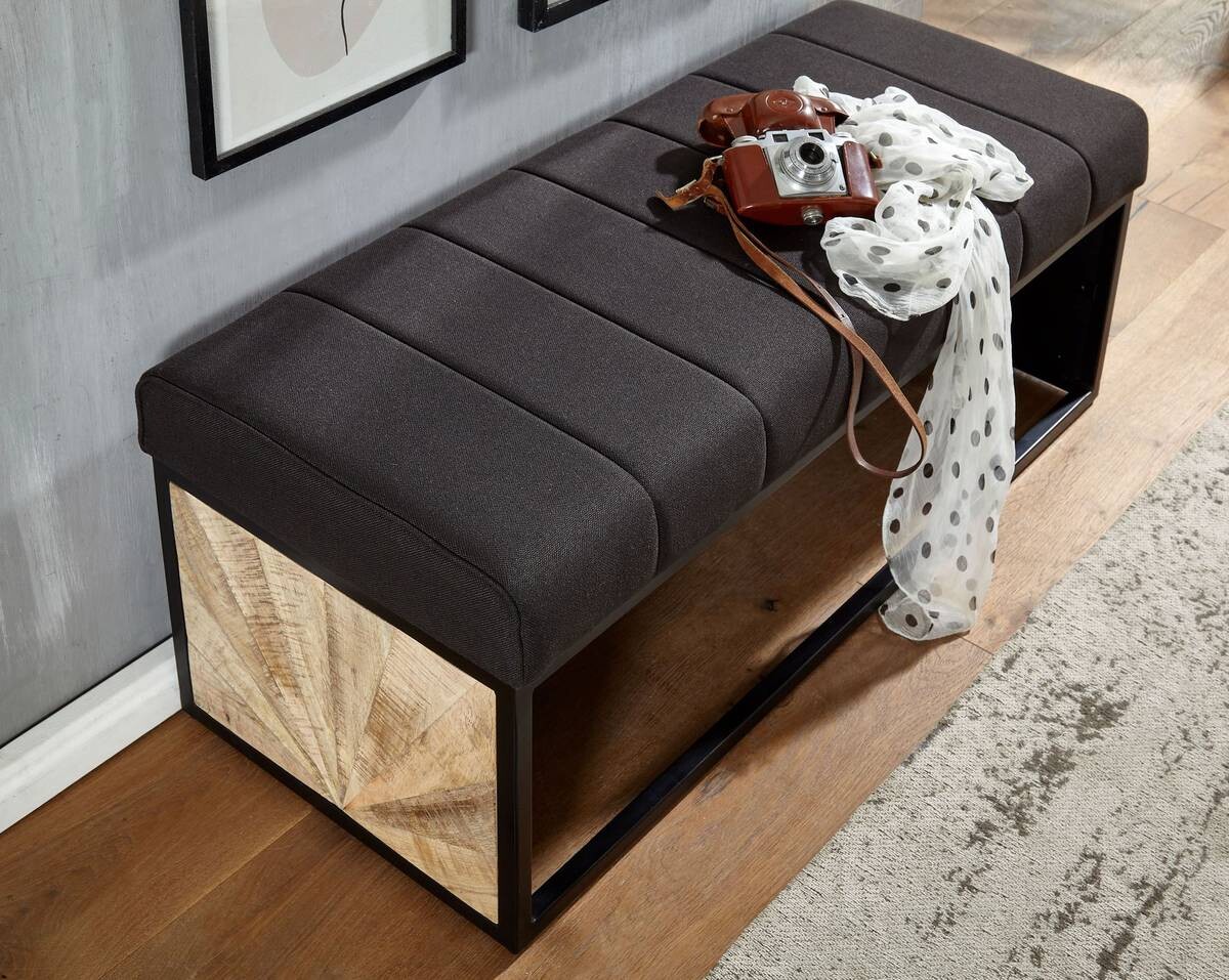 Wohnling Sitzbank dunkelbraun schwarz natur Stoff Eisen Echtholz B/H/T: ca. 105x40x40 cm