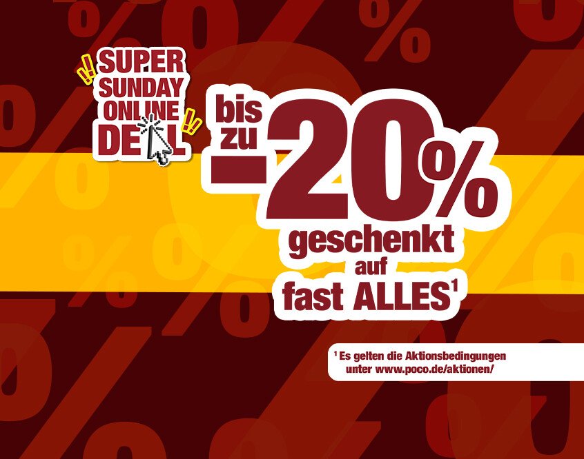 Werbegrafik mit rotem Hintergrund und großem Text 'bis zu -20% geschenkt auf fast ALLES' sowie 'SUPER SUNDAY ONLINE DEAL'