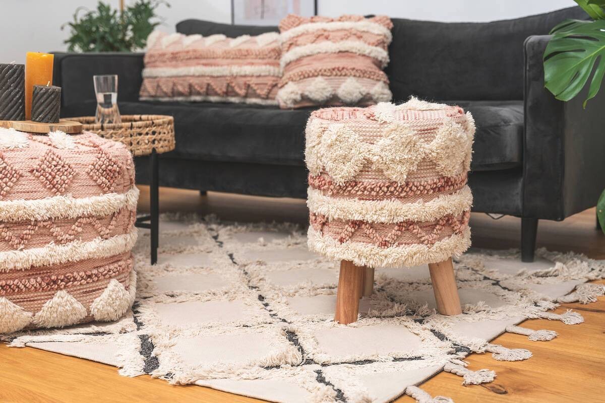 360 Living Hocker Bohist 200 rosa creme Baumwolle Baumwolle Holz H/D: ca. 50x38 cm