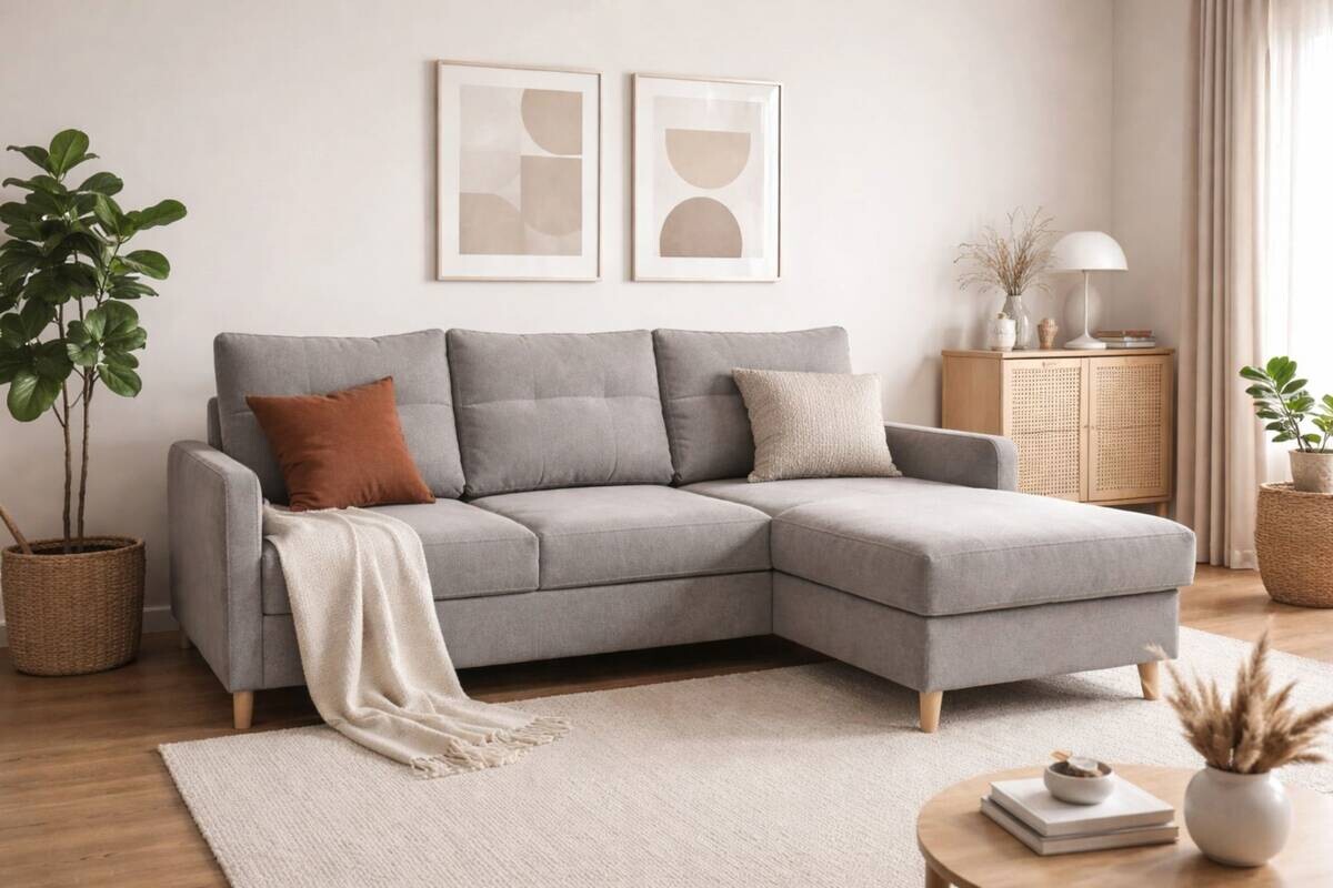 Ecksofa mit Bettfunktion und Bettkasten grau Webstoff B/H/T: ca. 217x93x159 cm