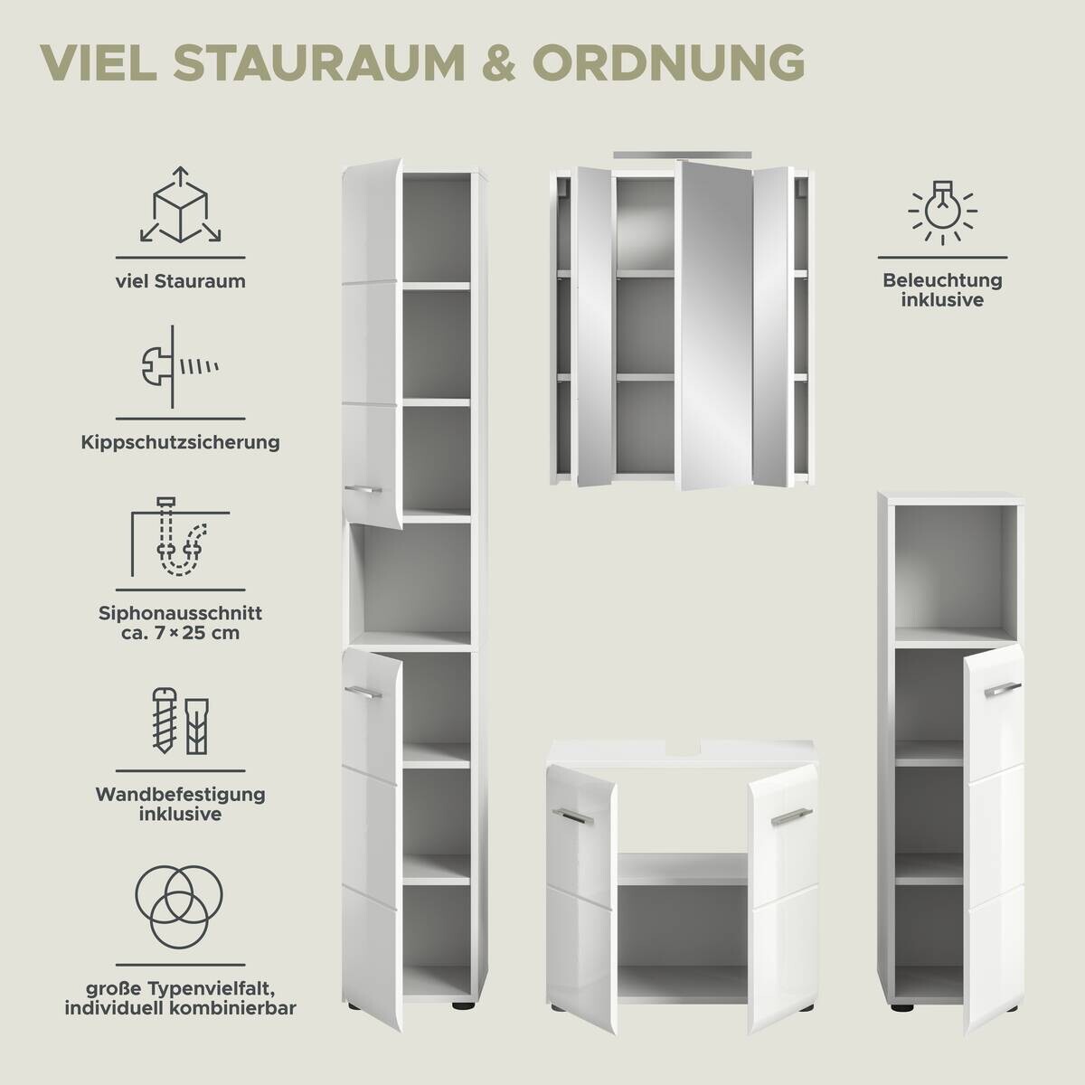 Badezimmer-Set Ice weiß weiß Hochglanz B/H/T: ca. 150x185x30 cm