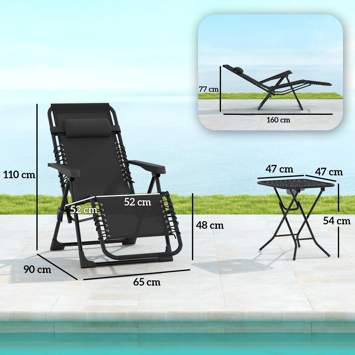 Outsunny Gartenliege 2er Set schwarz Netzstoff B/H/L: ca. 65x110x90 cm