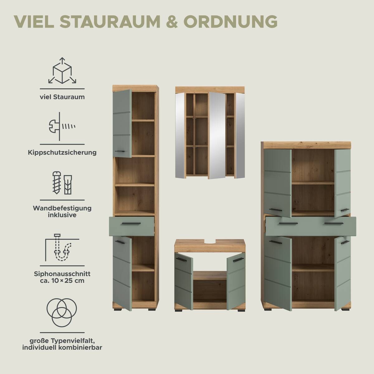 Badezimmer-Set Scout Eiche Artisan Nachbildung salbei Nachbildung B/H/T: ca. 186x191x34 cm