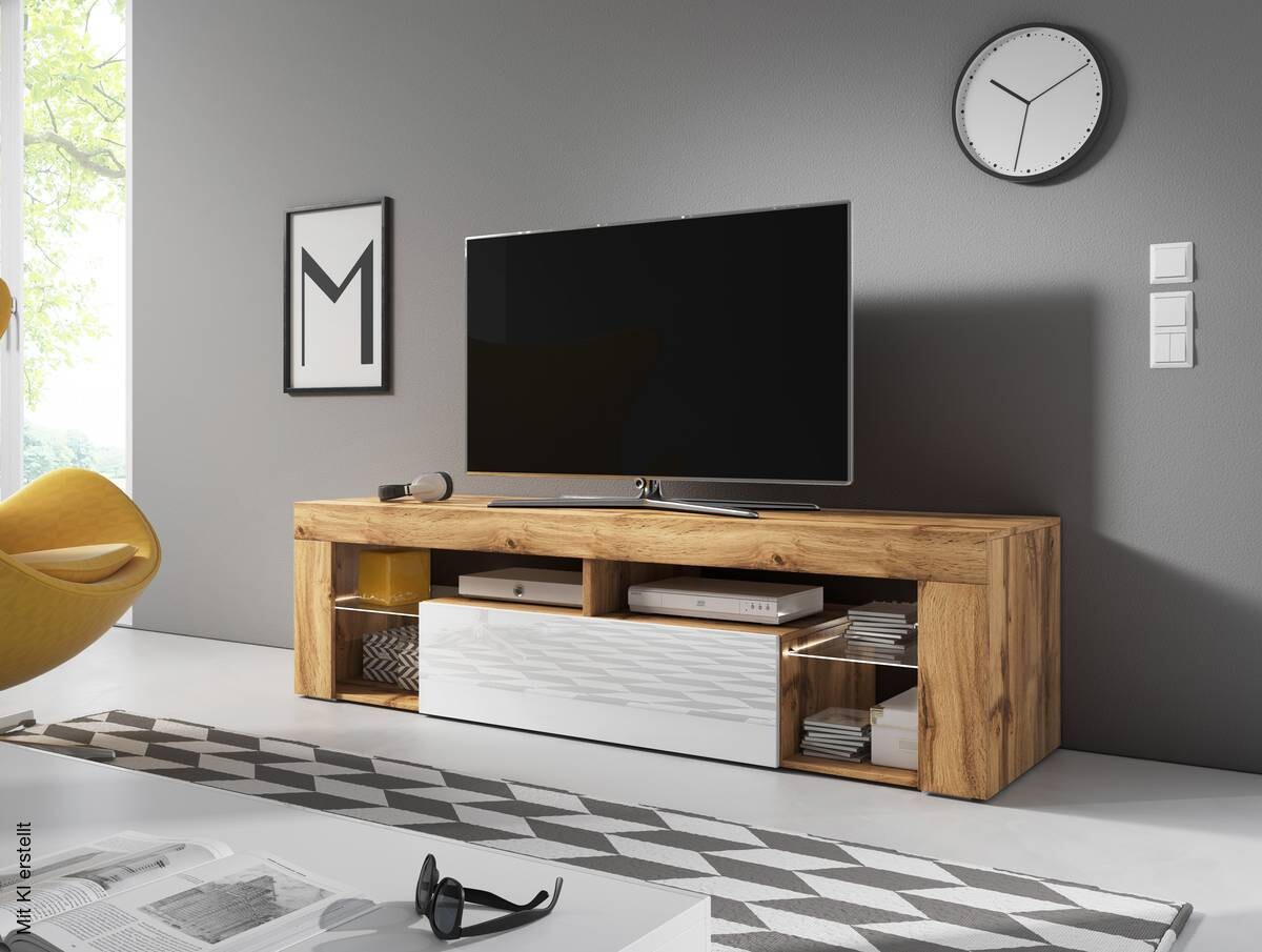 TV-Lowboard TV LOWBOARD Everest 140 LED Eiche Wotan Nachbildung weiß glänzend B/H/T: ca. 140x50x35 cm