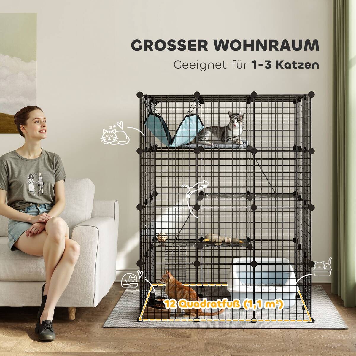PawHut Katzenkäfig schwarz Polypropylen B/H/L: ca. 105x140x105 cm