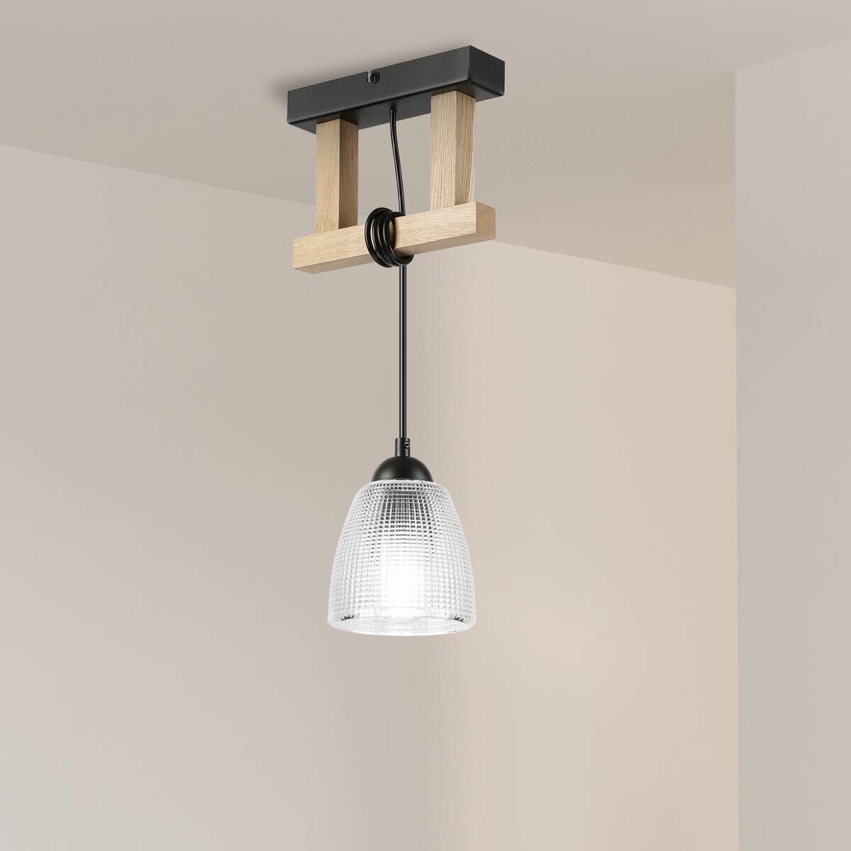 Lamkur Pendelleuchte Eiche Stahl B/H/L: ca. 20x89x20 cm E27 1 Brennstellen