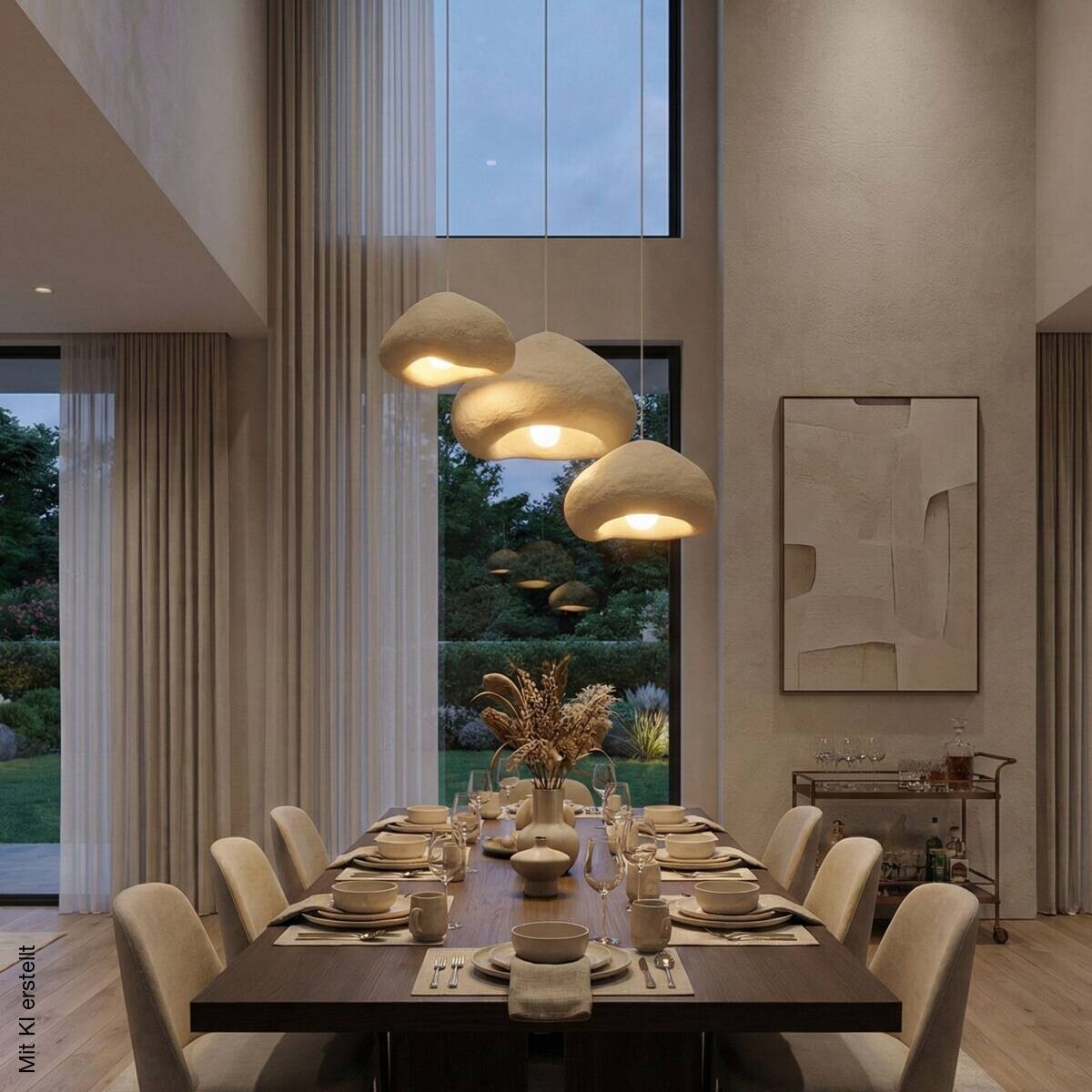 Opviq Pendelleuchte beige Metall Fiberglas B/H/T/L/D: ca. 82x115x82x82x82 cm E27 3 Brennstellen