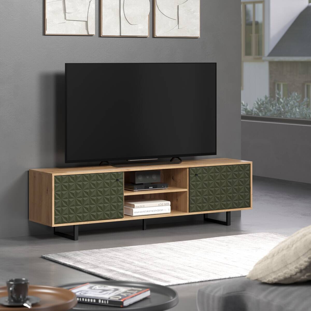 TV-Lowboard Sentra Eiche Artisan Nachbildung grün dunkel B/H/T: ca. 184x52x40 cm