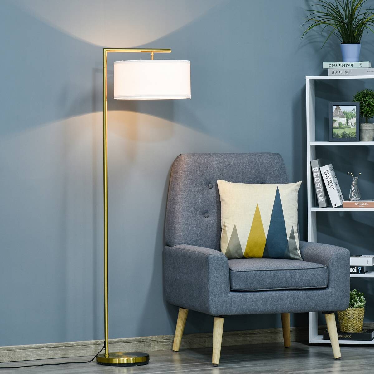 HOMCOM Stehlampe weiß gold Stahl Leinen B/H/T: ca. 37x153x37 cm