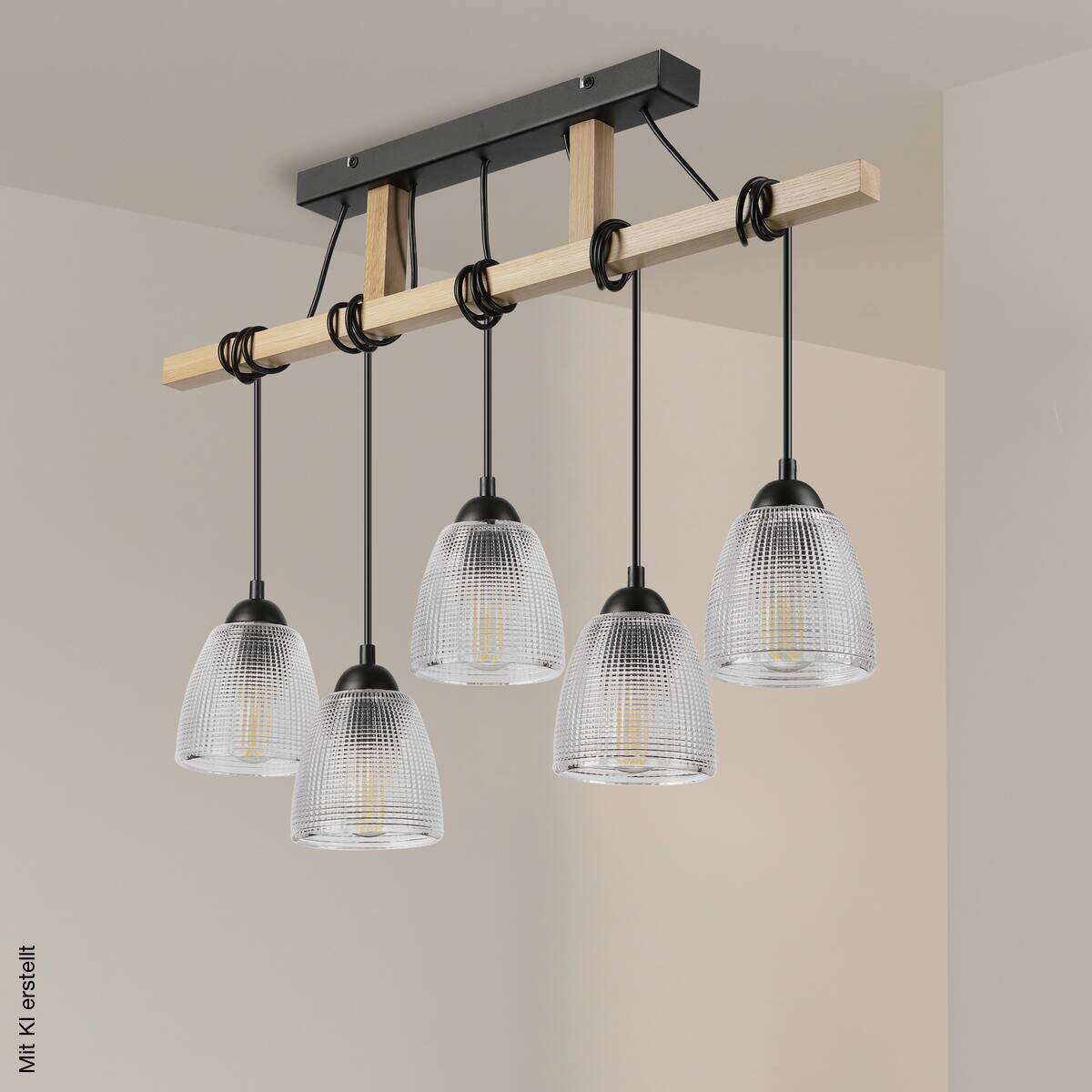 Lamkur Pendelleuchte Eiche Stahl B/H/L: ca. 75x88x75 cm E27 5 Brennstellen