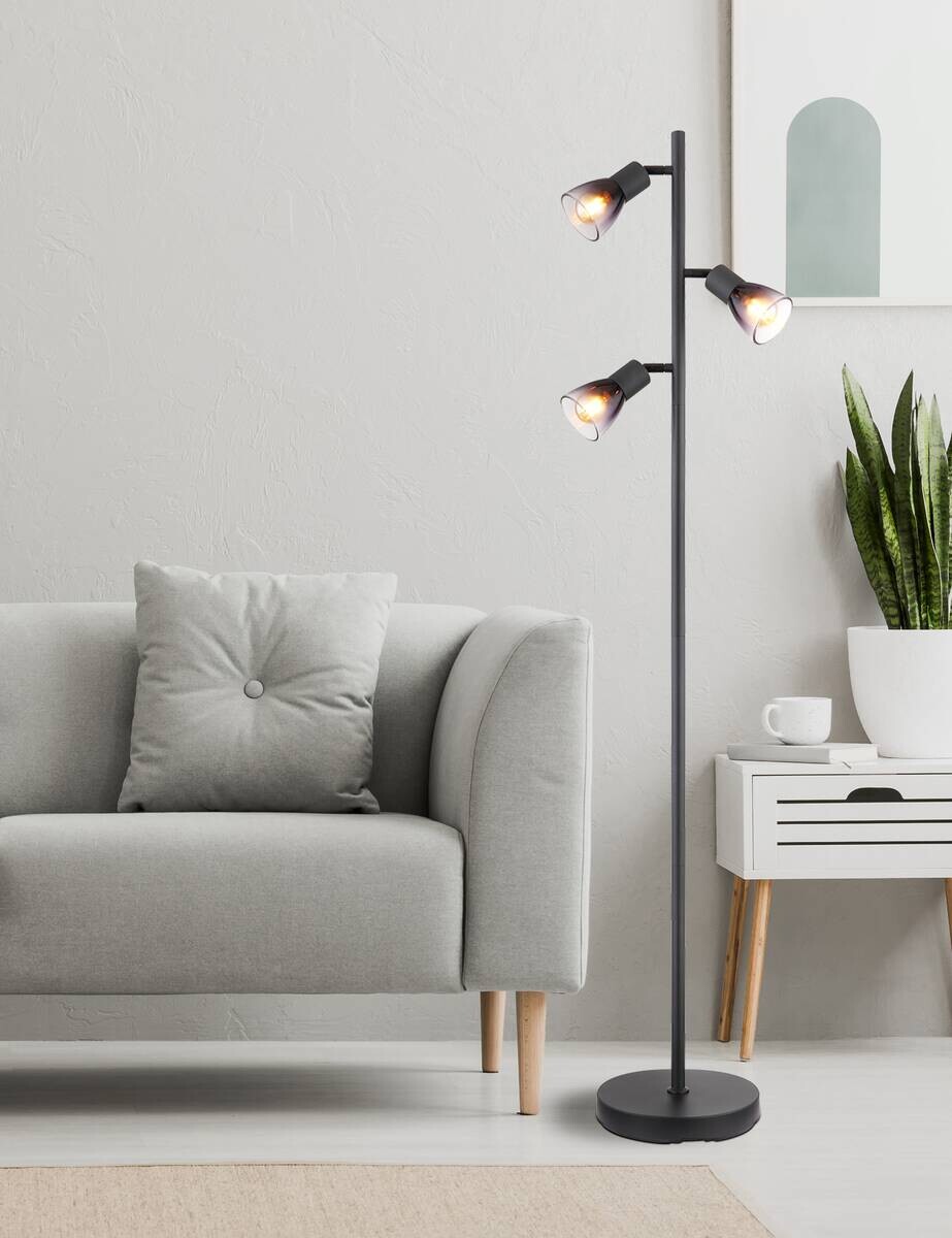 GLOBO Stehleuchte klar Rauch schwarz Metall PVC Glas B/H/L: ca. 22x161x30 cm E14 3 Brennstellen