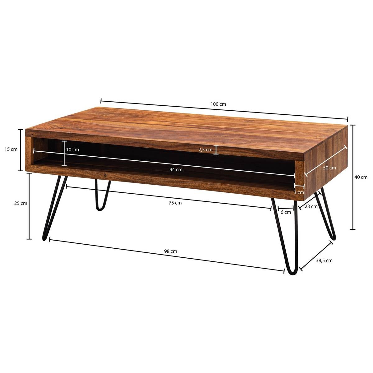 Wohnling Couchtisch natur schwarz Echtholz Edelstahl B/H/T: ca. 100x40x50 cm