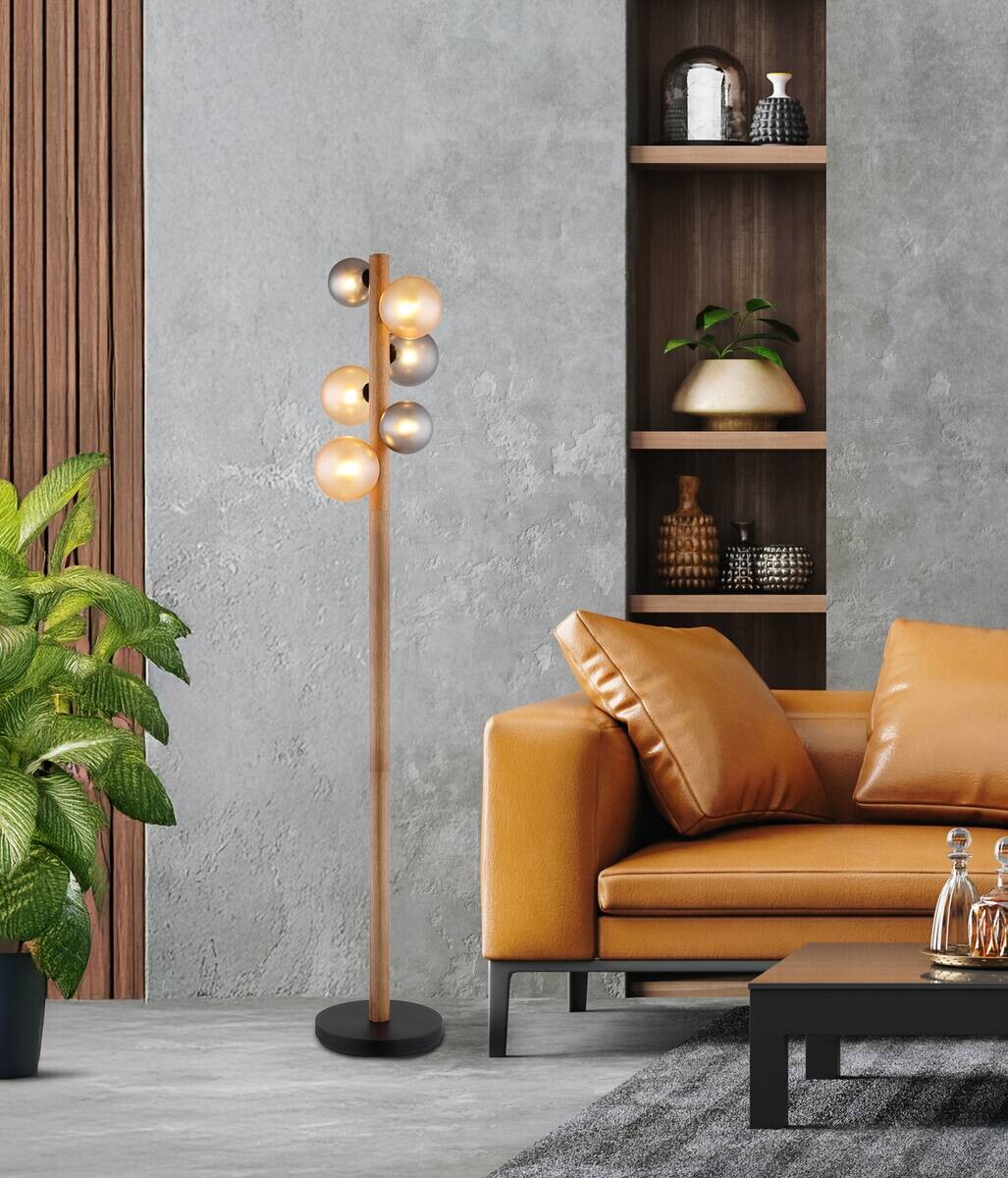 GLOBO LED-Stehleuchte dunkelbraun Rauch amber Holz Glas Metall H/D: ca. 150x29 cm 6 Brennstellen