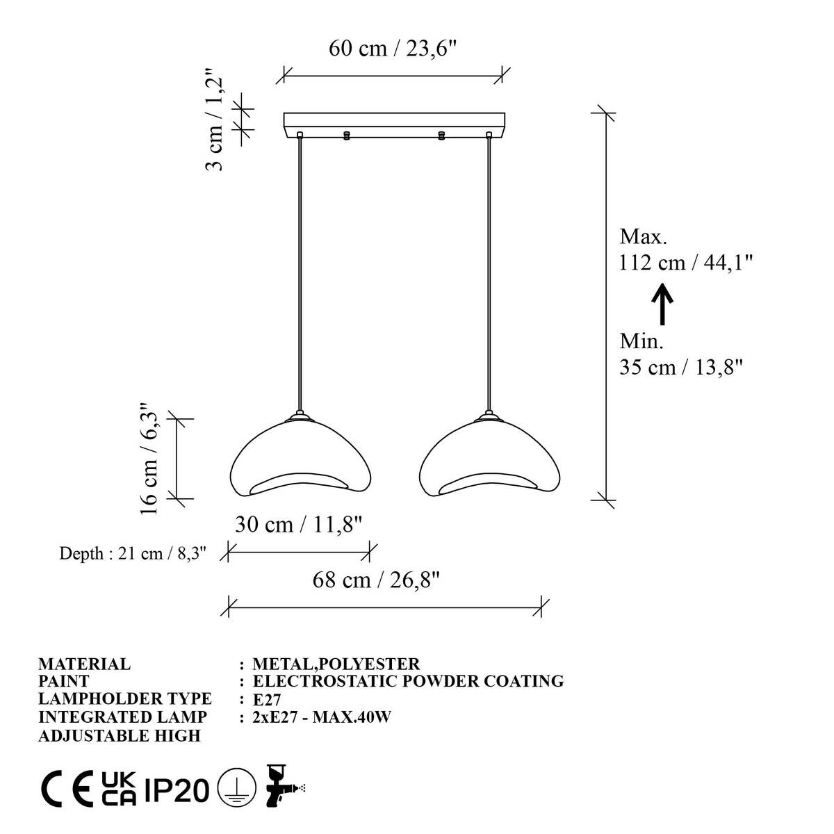 Opviq Pendelleuchte weiß B/H/T: ca. 68x104x21 cm E27 2 Brennstellen