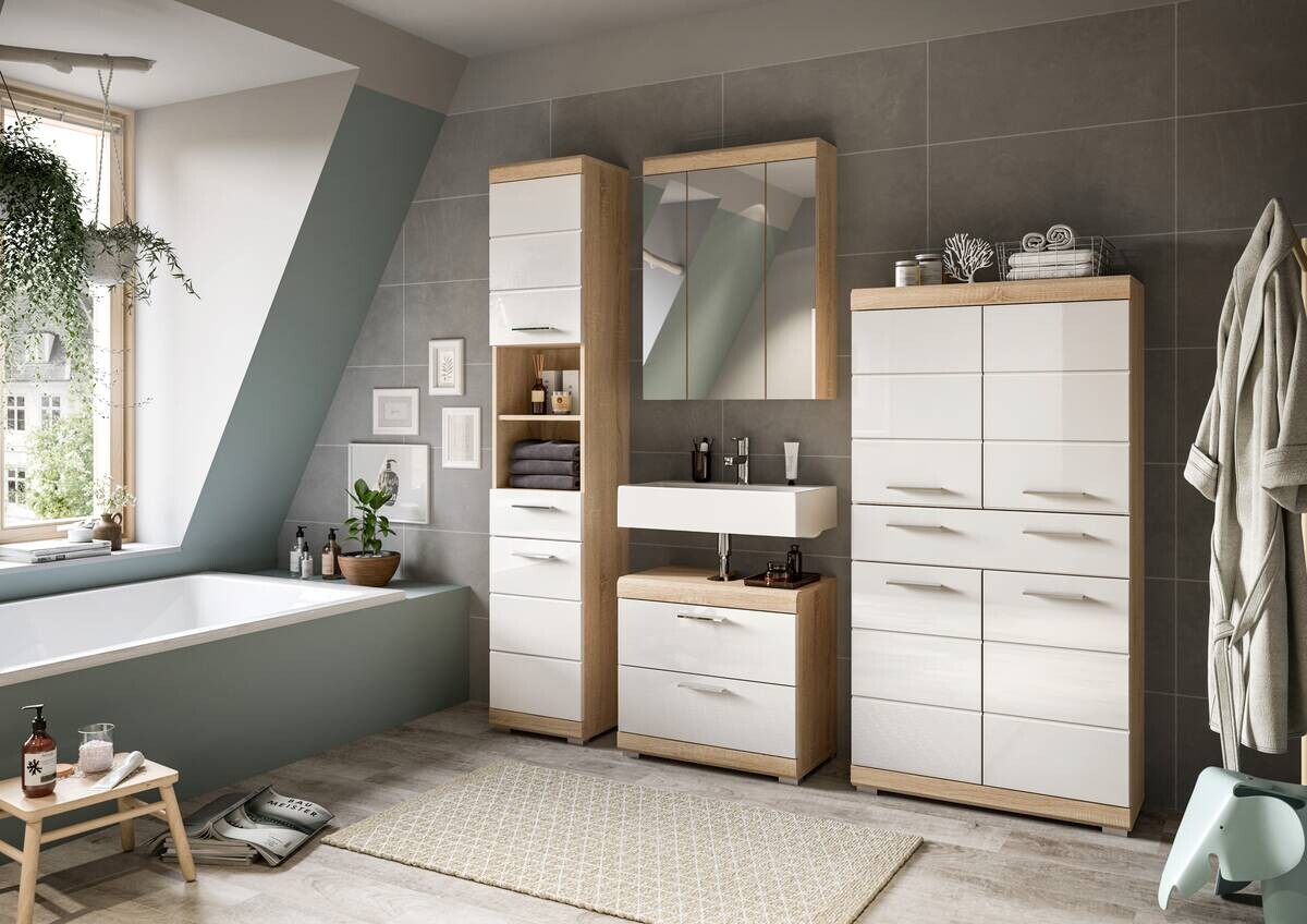 Badezimmer-Set Lambada Eiche Sonoma Nachbildung weiß Hochglanz B/H/T: ca. 186x191x34 cm