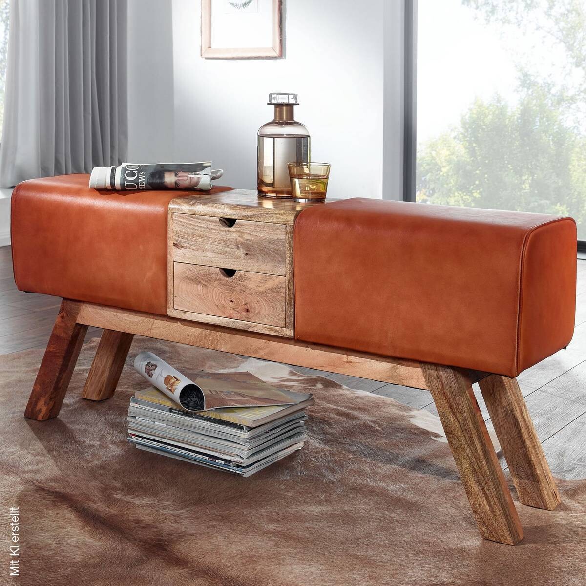 Wohnling Sitzbank braun natur Leder Echtholz B/H/T: ca. 120x56x30 cm