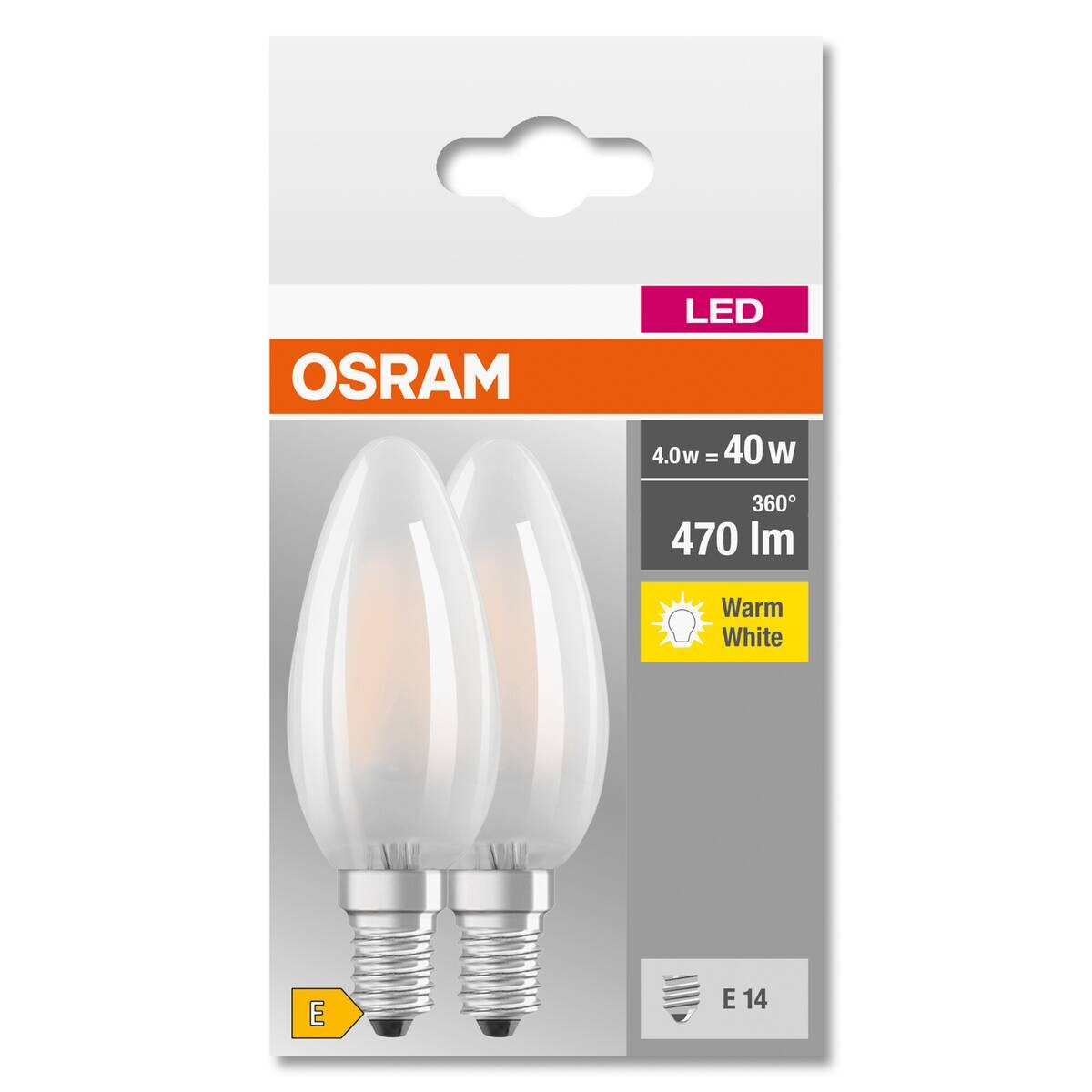 OSRAM LED-Leuchtmittel Kerzenlampe BASE Classic B AC70204 2er Pack E14